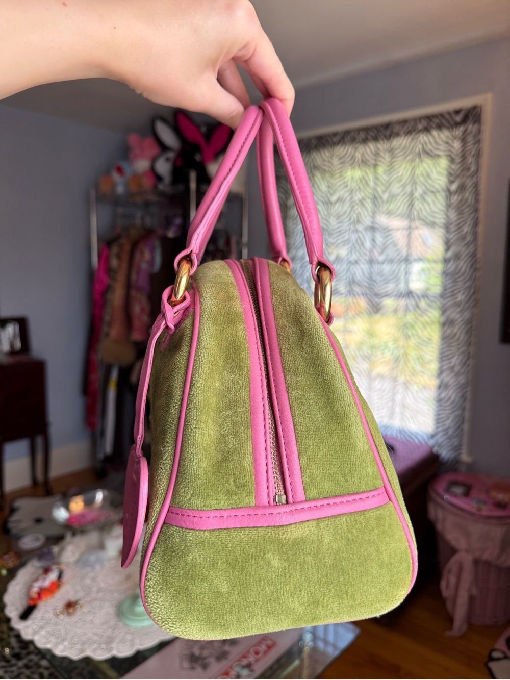 Juicy Couture Green Suede Satchel with Pink Trim and Heart Charm - Picture 2 of 9